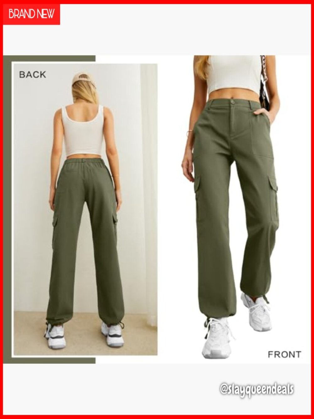 High Waisted Cargo Pants Y2K Streetwear Baggy Stretchy 6 Pockets Drawstring Cuff - Picture 4 of 7